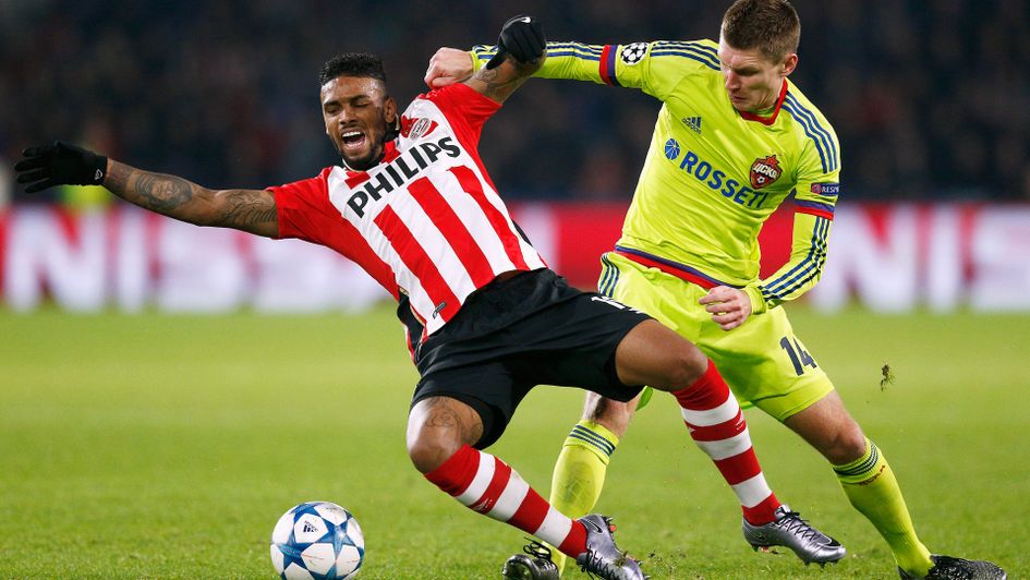 Jurgen Locadia takes a tumble in action for PSV