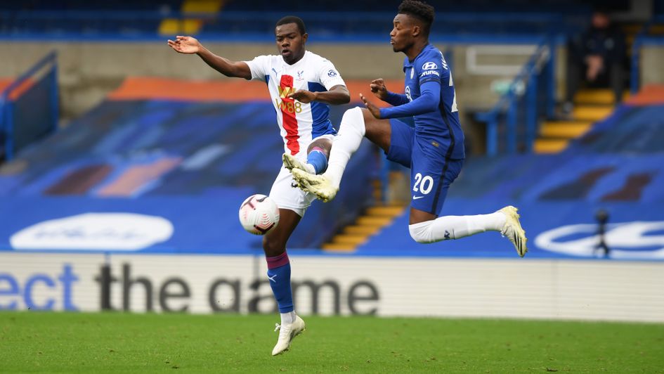 Callum Hudson-Odoi and Tyrick Mitchell in action during Chelsea v Crystal Palace