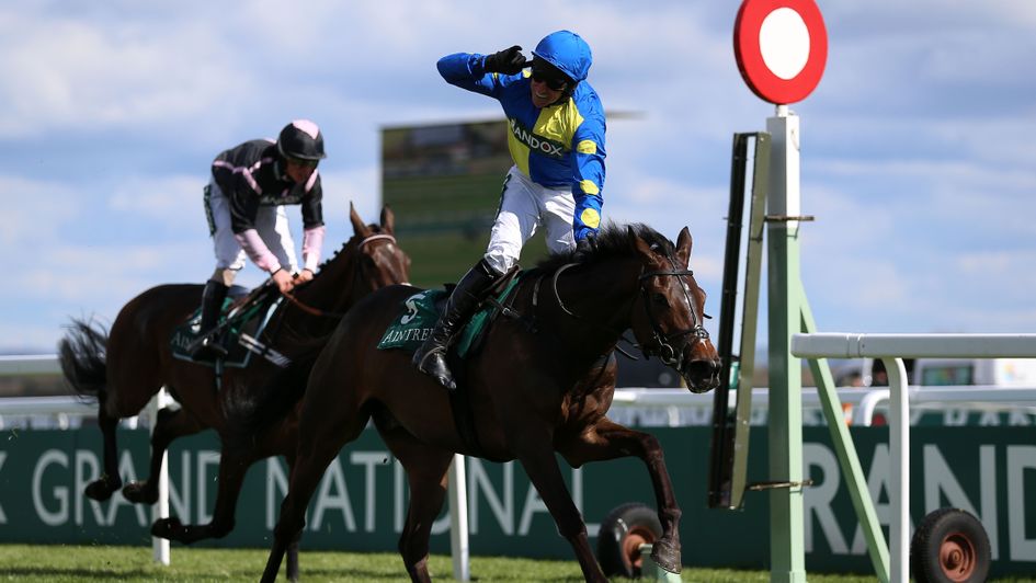 Harry Skelton celebrates as Langer Dan wins