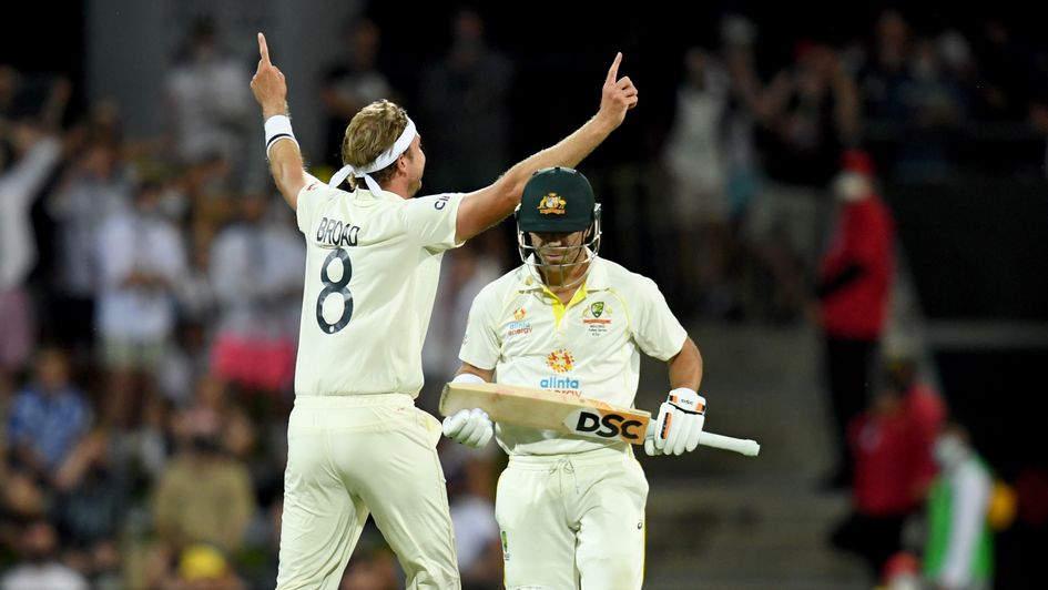 Stuart Broad celebrates the wicket of David Warner