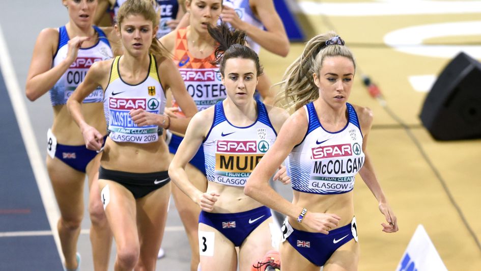 Great Britain's Laura Muir (centre) and in the Women's 3000m final during day one of the European Indoor Athletics Championships