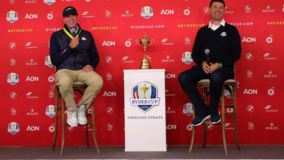 Captains Steve Stricker and Padraig Harrington speaking to the media on Monday