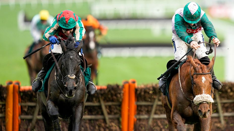 Make Me A Believer (left) battles bravely to win at Cheltenham