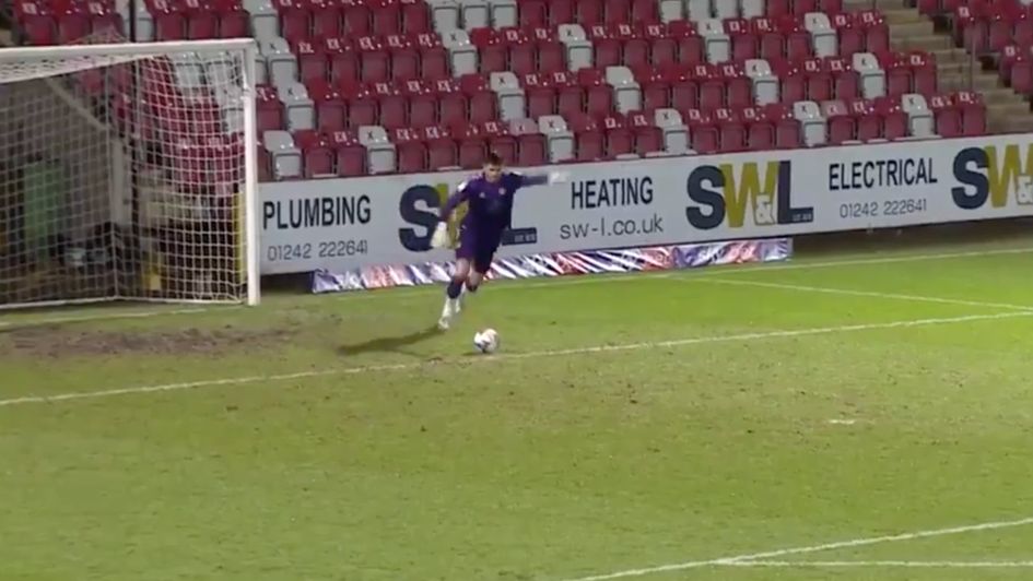 Newport keeper Tom King scores from a goal kick