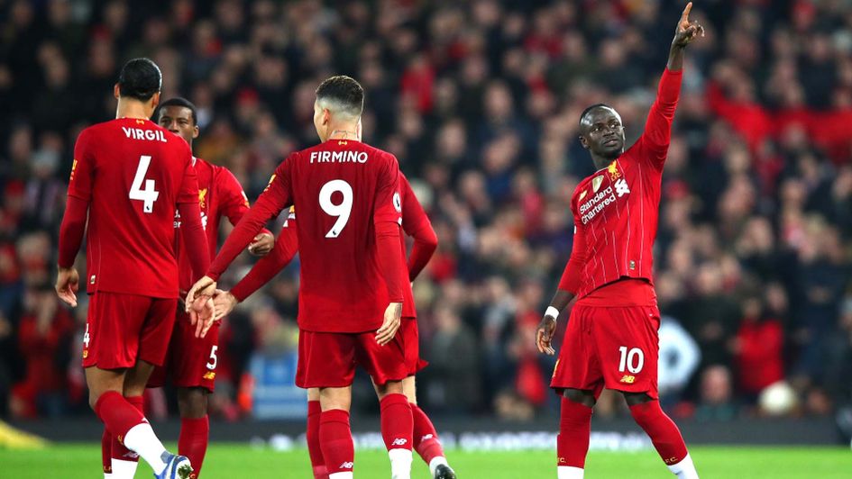 Sadio Mane celebrates scoring for Liverpool at Anfield