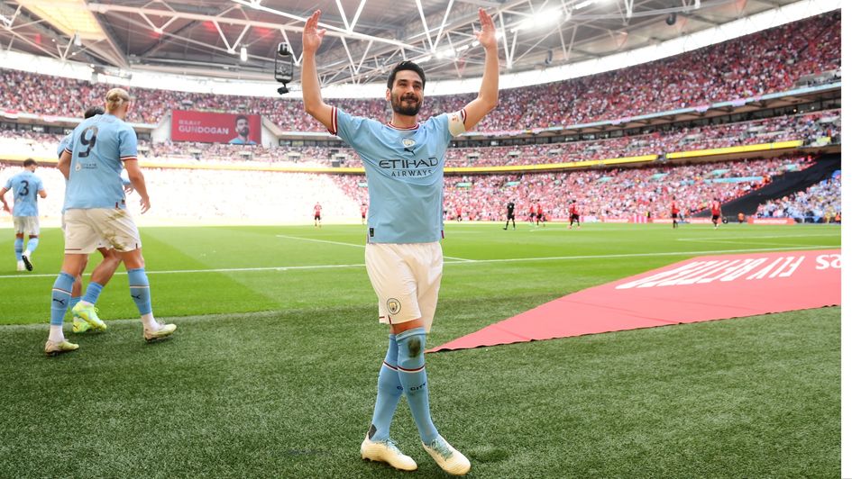 Ilkay Gundogan celebrates his FA Cup final double v Man United at Wembley