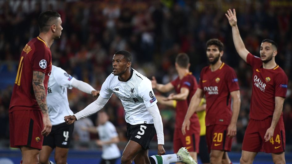 Georginio Wijnaldum celebrates after scoring for Liverpool in the Champions League semi-final v Roma