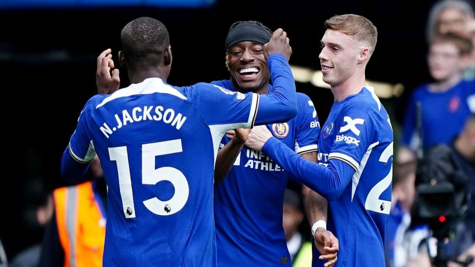Noni Madueke (centre): Chelsea attacker is congratulated by Cole Palmer (right) and Nicolas Jackson after scoring v West Ham