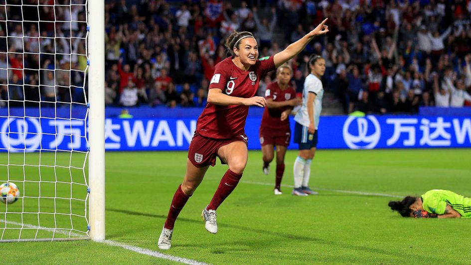 Jodie Taylor celebrates scoring for England at the Women's World Cup