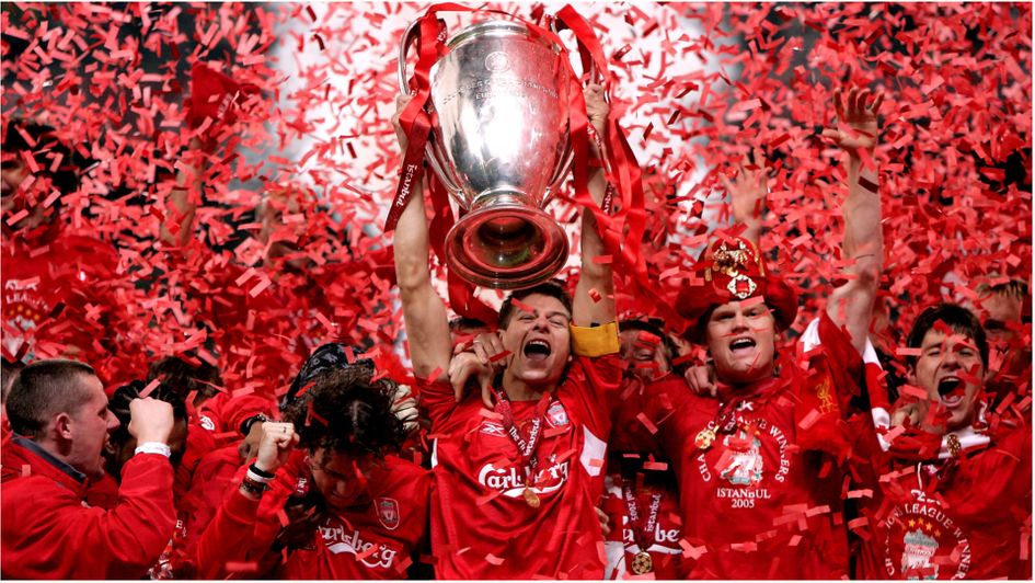 Steven Gerrard lifts the Champions League trophy after Liverpool's amaxing comeback against Milan in Istanbul