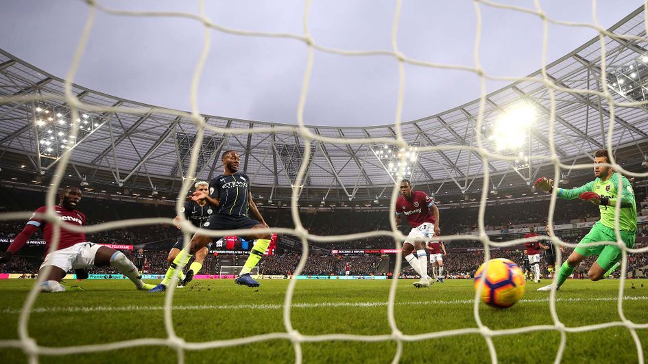 Raheem Sterling scores for Manchester City against West Ham at the London Stadium