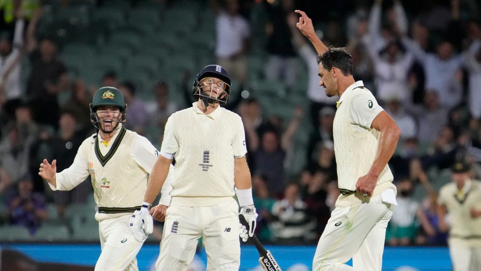 Mitchell Starc celebrates taking the wicket of Joe Root