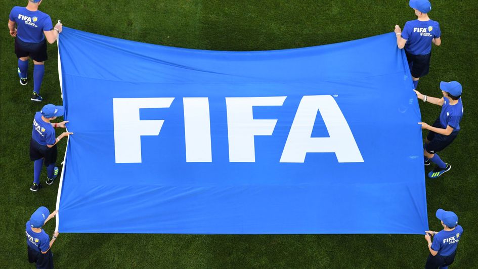 Fifa's flag is held across the pitch at the 2018 World Cup in Russia