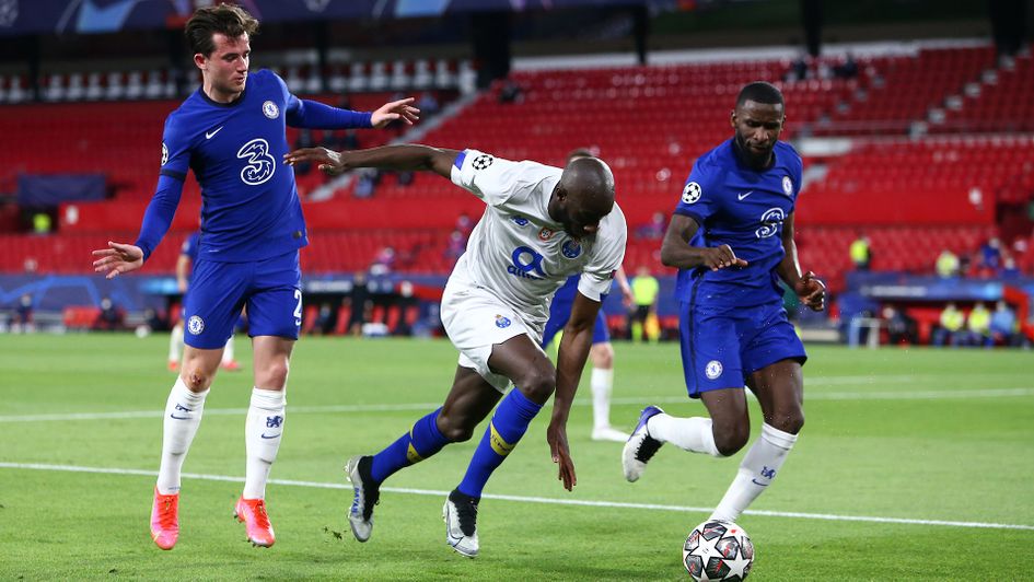 Moussa Marega is challenged by Antonio Rudiger and Ben Chilwell