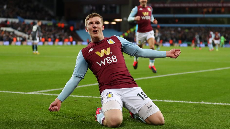 Matt Targett: Celebrations for the Aston Villa ace after scoring in the Carabao Cup semi-final second leg v Leicester