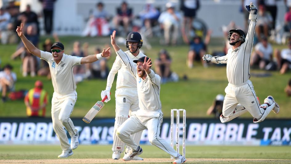 New Zealand celebrate the wicket of Jack Leach