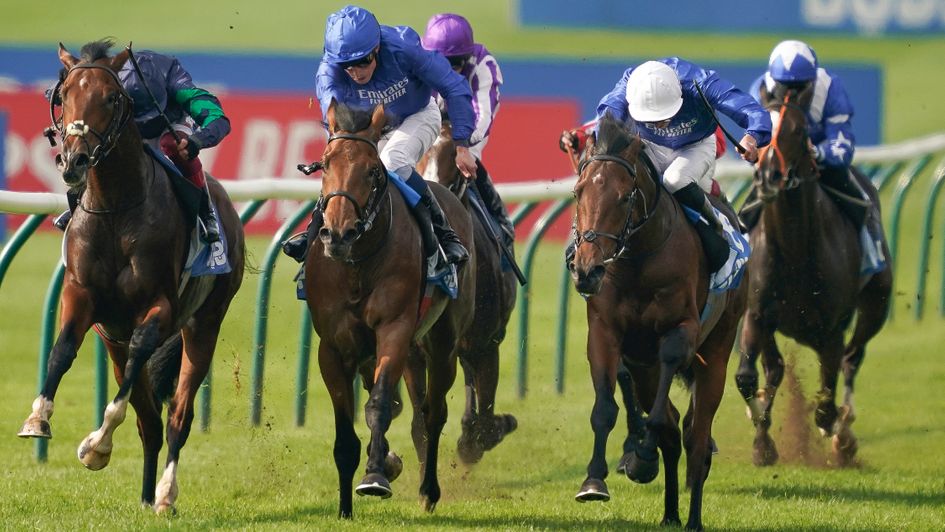 Goldspur (white cap) lands the Zetland Stakes