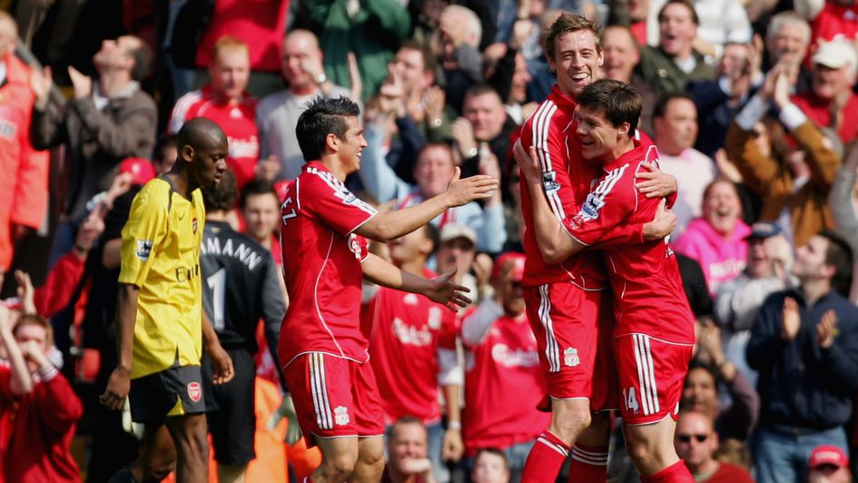 Peter Crouch and Xabi Alonso celebrate a Liverpool goal in 2007