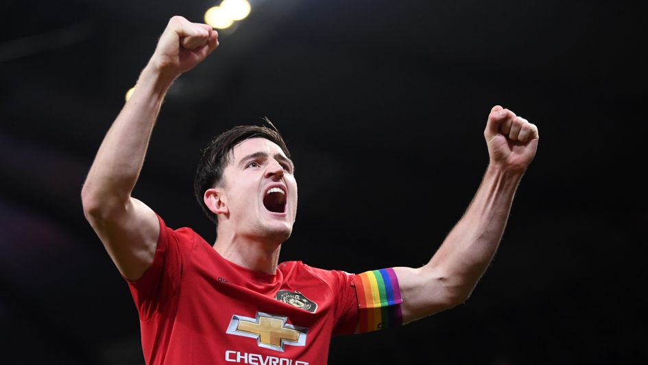 Harry Maguire: Manchester United defender celebrates the derby victory over City at the Etihad