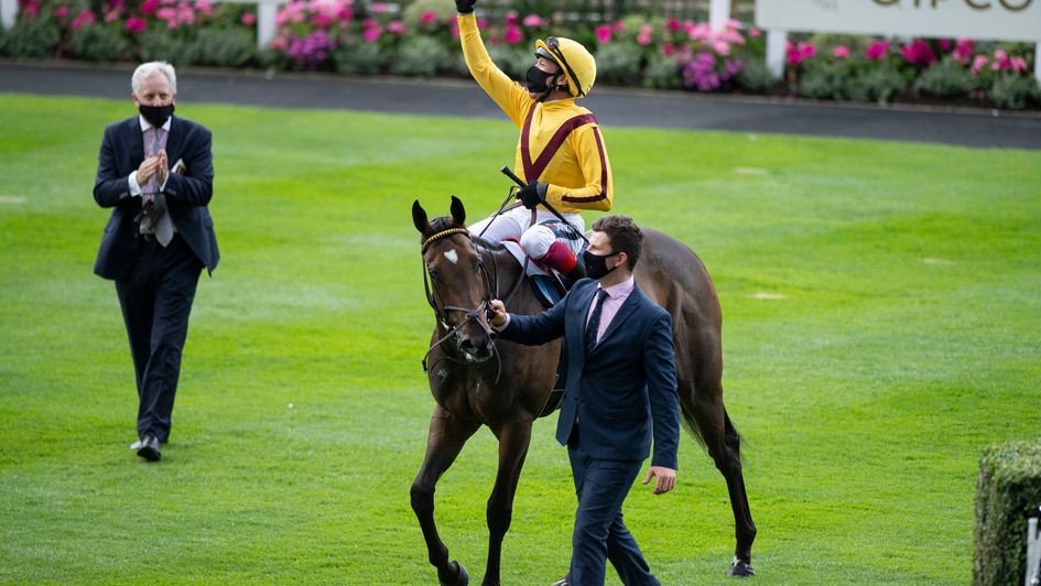 Frankie Dettori celebrates after victory aboard Campanelle