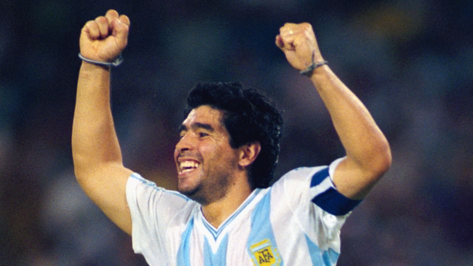 Diego Maradona celebrates at the 1990 FIFA World Cup