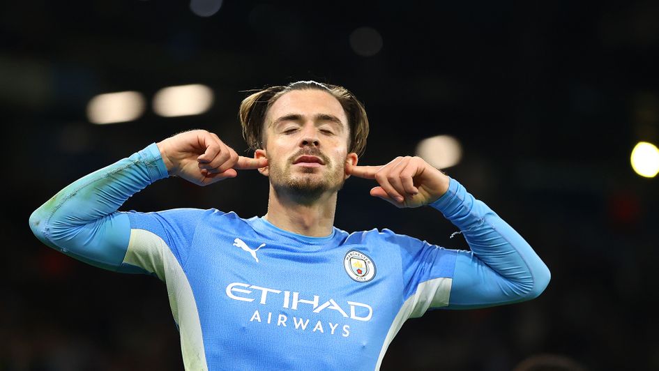 Jack Grealish celebrates his goal against RB Leipzig