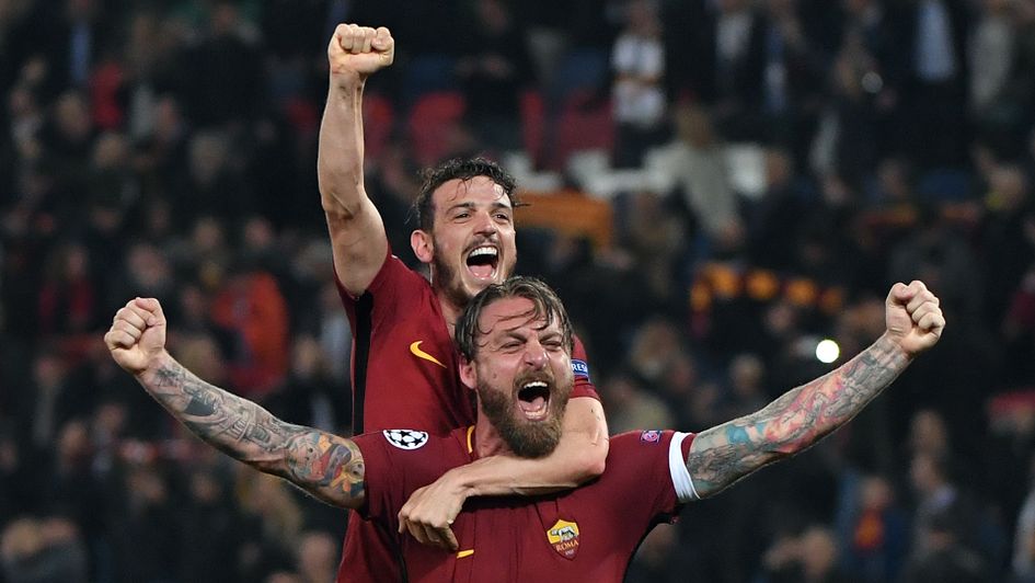 Roma celebrate after beating Barcelona in the Champions League