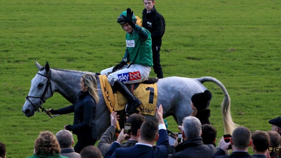 Daryl Jacob celebrates after Bristol De Mai's second Betfair Chase win