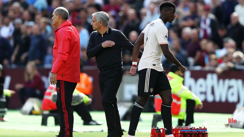 Jose Mourinho and Paul Pogba during the 3-1 loss to West Ham