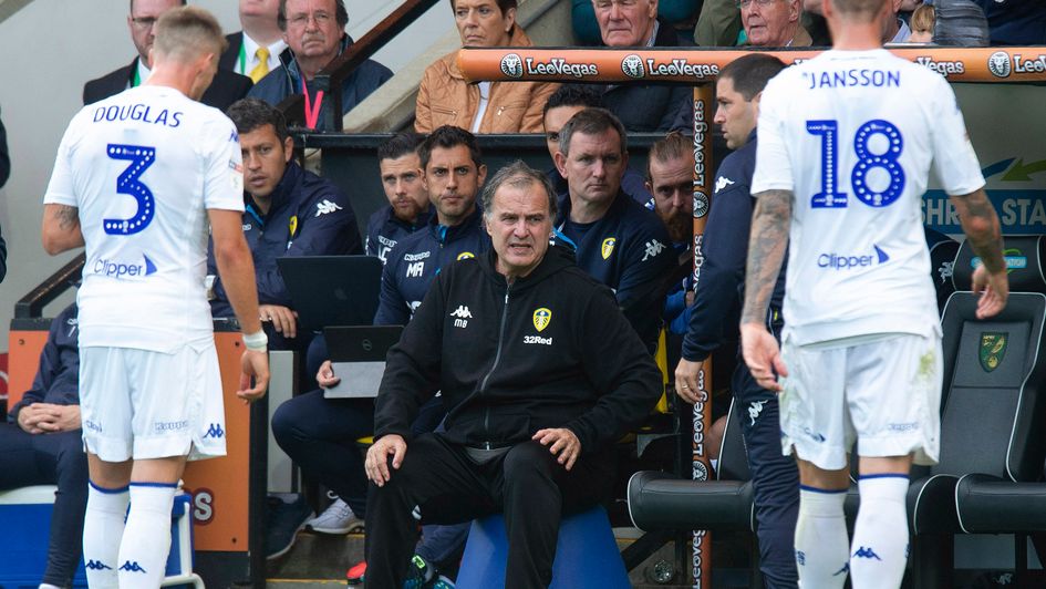 Leeds boss Marcelo Bielsa hands out instructions during the win over Norwich
