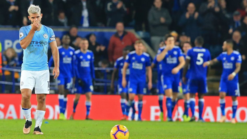 Misery for Sergio Aguero as Leicester City celebrate their goal against Man City
