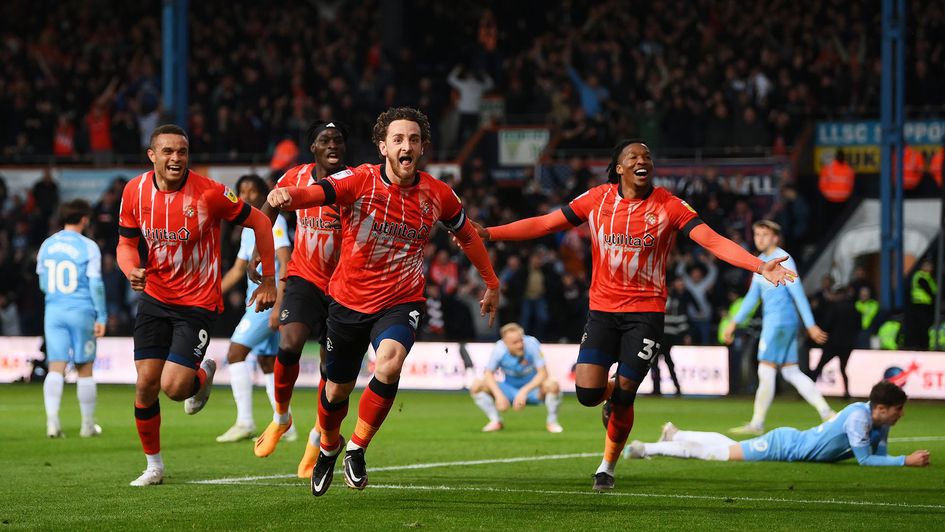Tom Lockyer: Luton's captain celebrates his goal in the play-off semi-final win over Sunderland