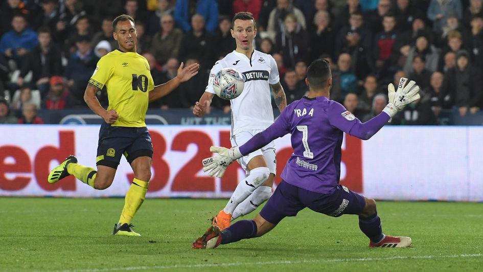 Swansea's Bersant Celina scores against Blackburn