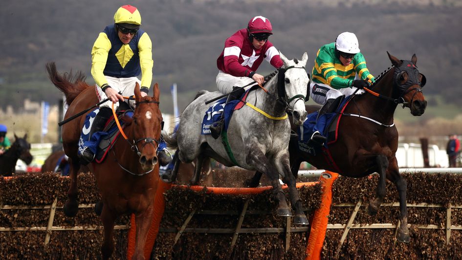 The Storyteller leads Sire Du Berlais (right) at the last in the Pertemps Final