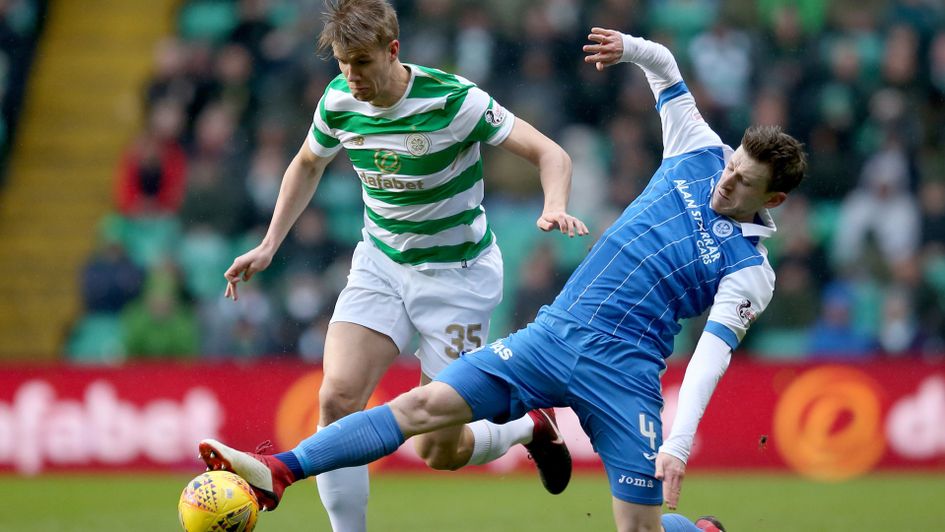 Kristoffer Ajer is tackled by Blair Alston
