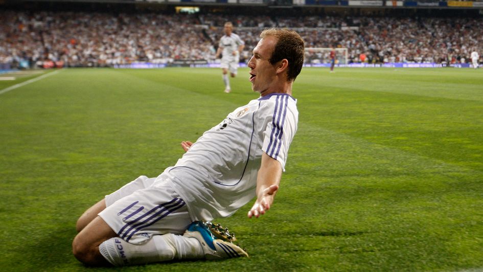 Arjen Robben celebrates in El Clasico in 2008
