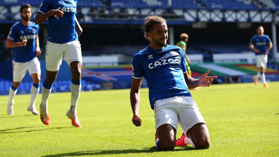 Dominic Calvert-Lewin celebrates his hat-trick goal against West Brom