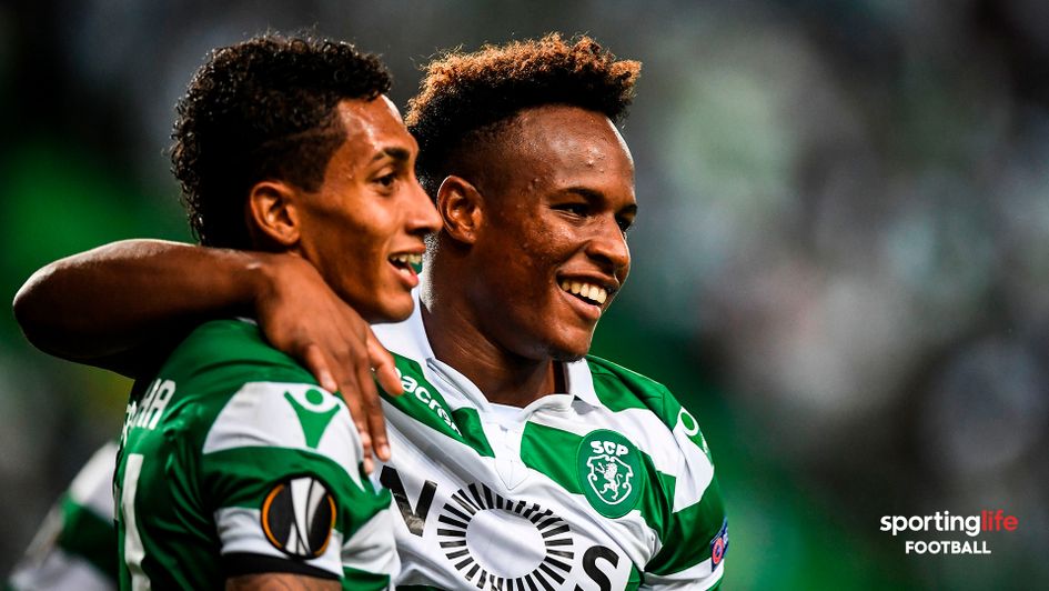 Sporting's Jovane Cabral (right) celebrates a goal with Raphinha