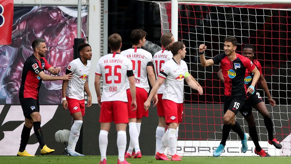 Hertha Berlin's Marko Grujic celebrates scoring against RB Leipzig