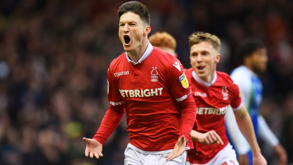 Joe Lolley celebrates his goal for Nottingham Forest against Wigan