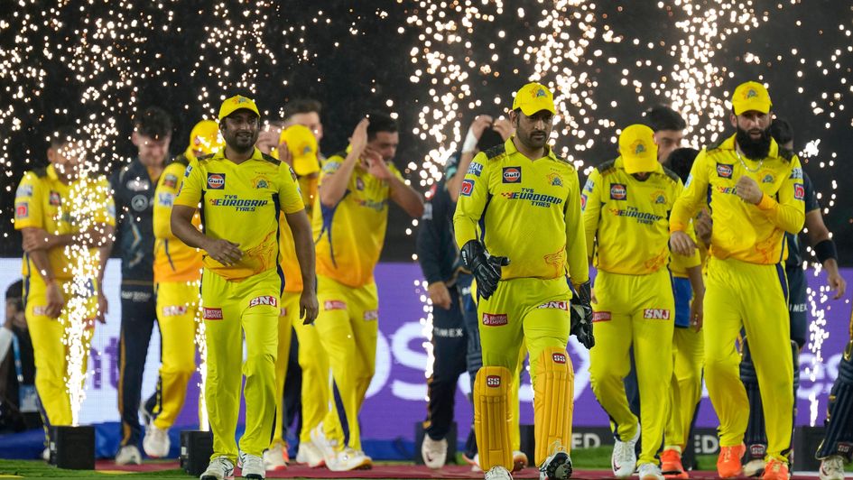 MS Dhoni leads his CSK team onto the field