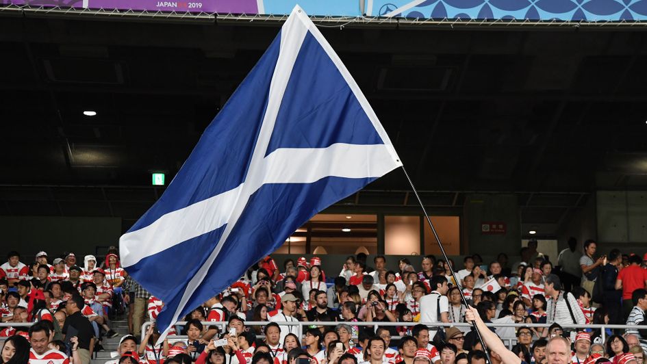 A Scotland flag is waved during their match with Japan