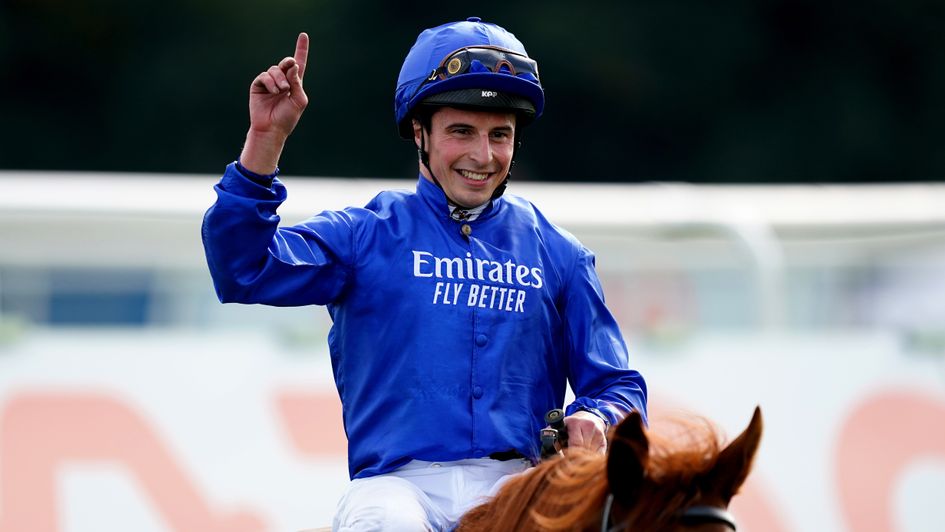 William Buick celebrates winning the St Leger on Hurricane Lane