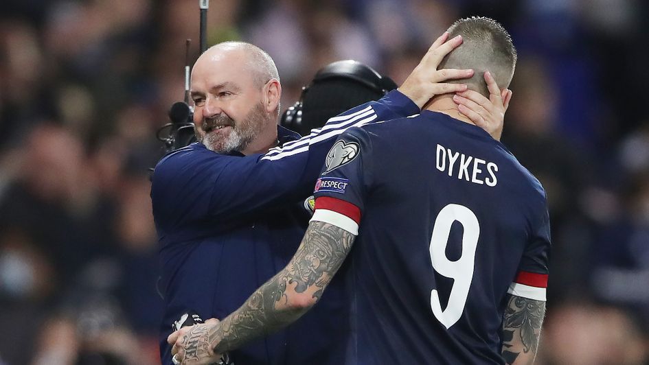 Steve Clarke and Lyndon Dykes celebrate Scotland's win