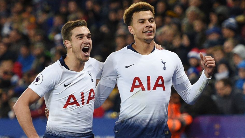 Dele Alli (R) celebrates his goal against Leicester City during Spurs' 2-0 win