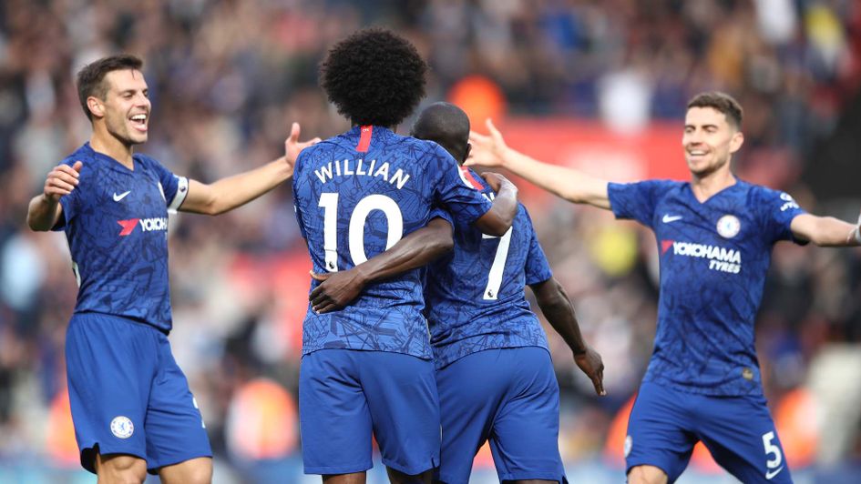 Willian celebrates with N'Golo Kante after Chelsea goal at Southampton