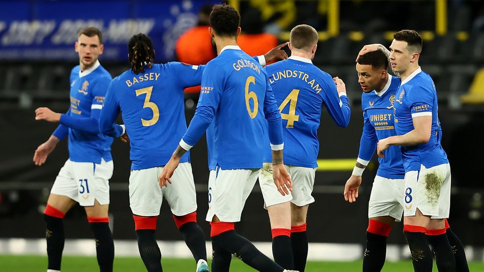 Rangers celebrate a goal in their stunning 4-2 over Borussia Dortmund