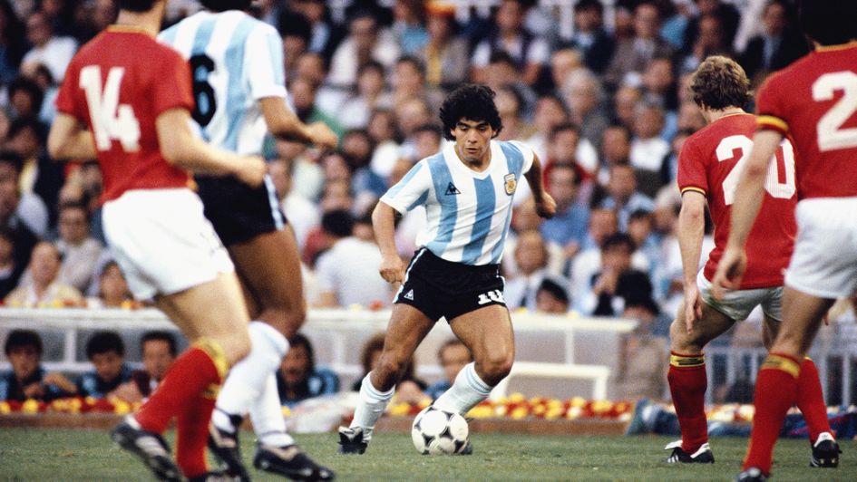 Diego Maradona in action for Argentina against Belgium