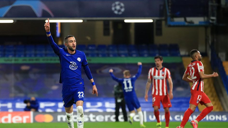 Chelsea's Hakim Ziyech celebrates putting his side ahead at Stamford Bridge.