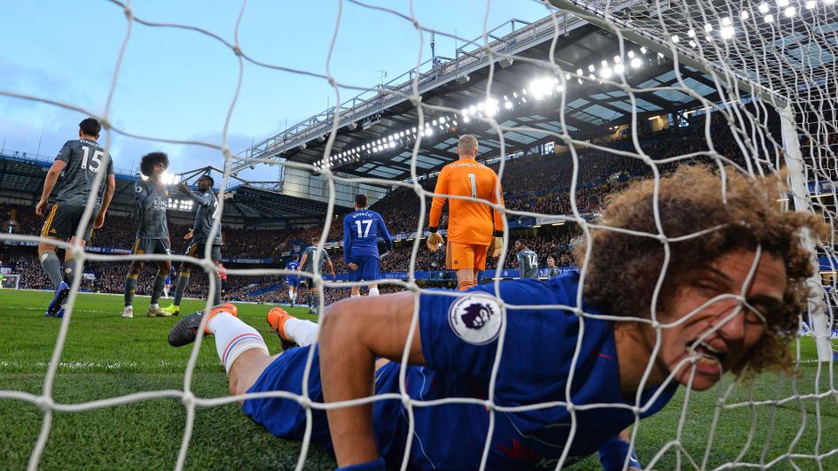 David Luiz in the back of the net after missing a chance for Chelsea against Leicester